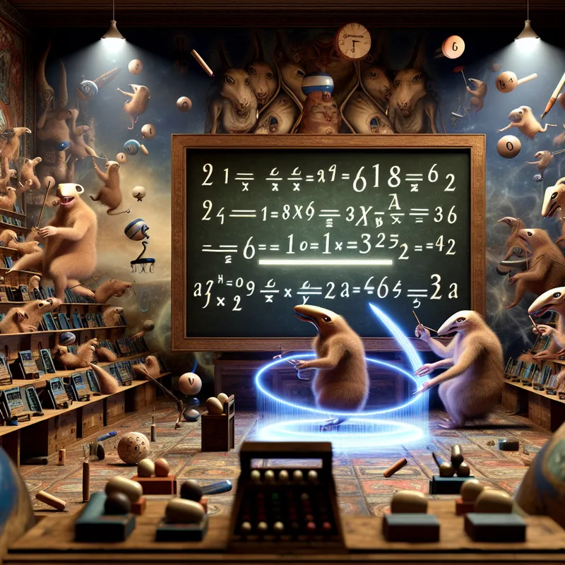 Surrealistisch klaslokaal in de stijl van Hieronymus Bosch waar hybride wezens een wiskundige vergelijking oplossen op een zwevend schoolbord met gloeiend krijt