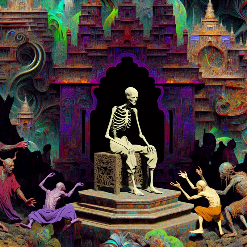 Surrealistische afbeelding van een zwak en besluiteloos karakter dat op een instortende troon zit, omringd door vreemde wezens die indecision symboliseren.