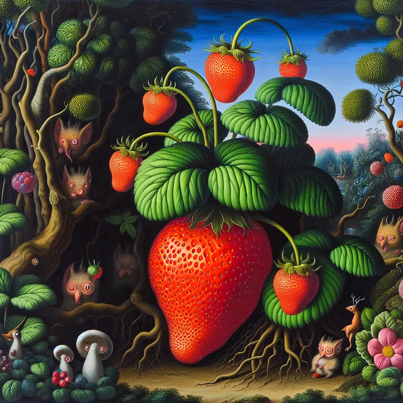 Een surrealistische tuin met een fantasierijke aardbeienplant vol met kleurrijke, grote aardbeien en vreemde wezens die tussen de bladeren verschijnen.