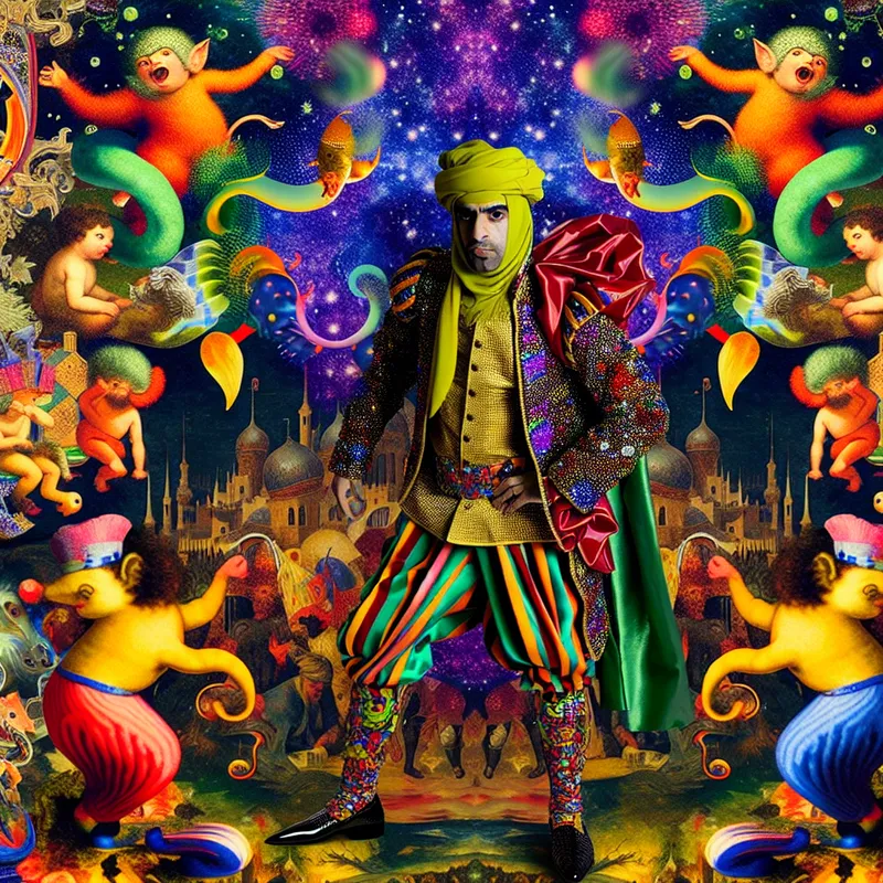 Surrealistische advertentie met fantasiefiguren in een uitdagende en kleurrijke setting