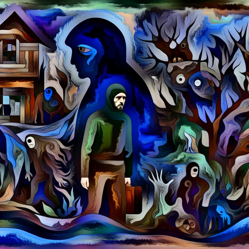 Een dejected persoon omringd door bizarre wezens in een chaotisch landschap dat hun worstelingen symboliseert.