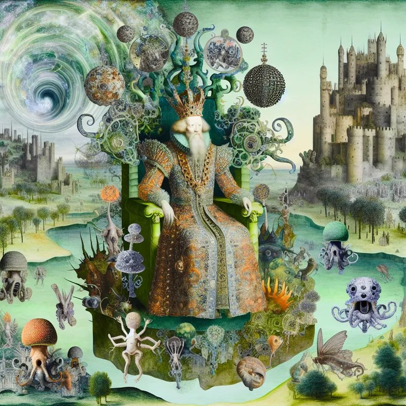 Surrealistische afbeelding van een oude keizer op een troon, omringd door bizarre wezens en fantastical landschappen.