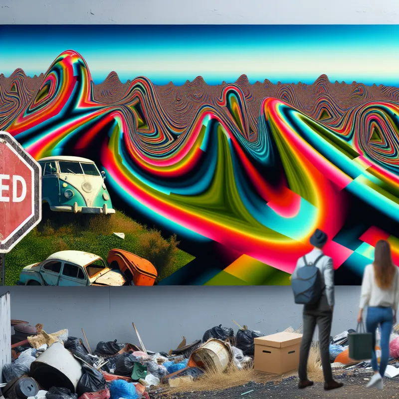 Surrealistische illustratie van een afvalstortplaats met zwevende objecten en mensen die het bekijken.