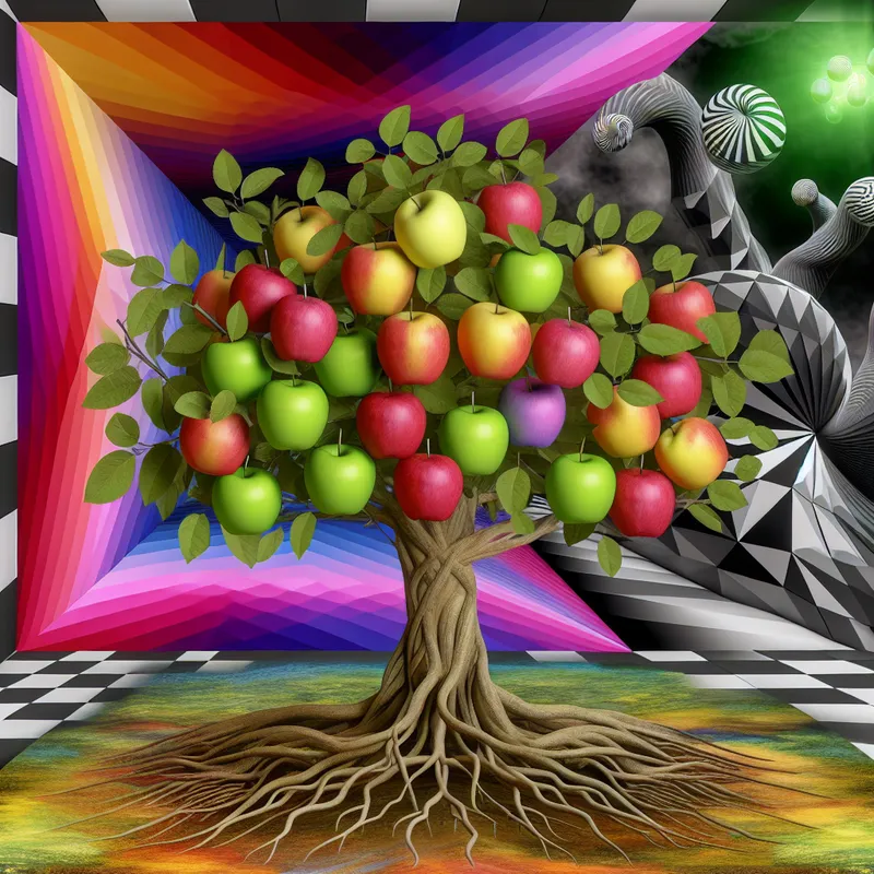 Surrealistische afbeelding van een appelboom met felgekleurde appels en één grijze appel, omringd door geometrische patronen in de stijl van M.C. Escher.