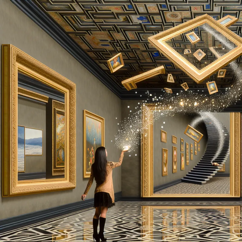 Persoon toont diepe appreciatie voor kunst in een surrealistisch museum met zwevende schilderijen en optische illusies in de stijl van M.C. Escher