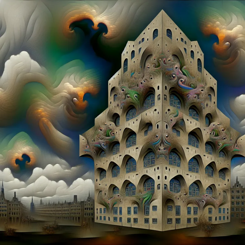 Surrealistisch architectonisch ontwerp met afgeronde hoeken en een bizarre lucht, geïnspireerd door Hieronymus Bosch.
