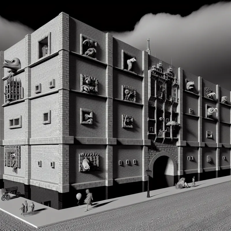 Surrealistisch architectonisch tafereel met een grote rechthoekige gebouw met fantasierijke motieven en vreemde wezens die uit de ramen kijken, op een kasseistraat vol bizarre karakters.