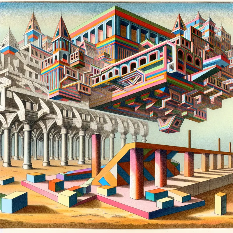 Surreal architectural scene with impossible structures and geometric shapes, illustrating stability and balance.