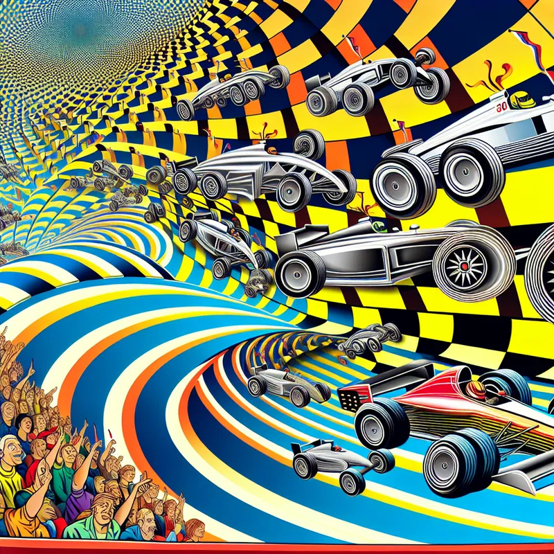 Geometrische en surrealistische afbeelding van een auto race met illusies van snelheid en perspectief.