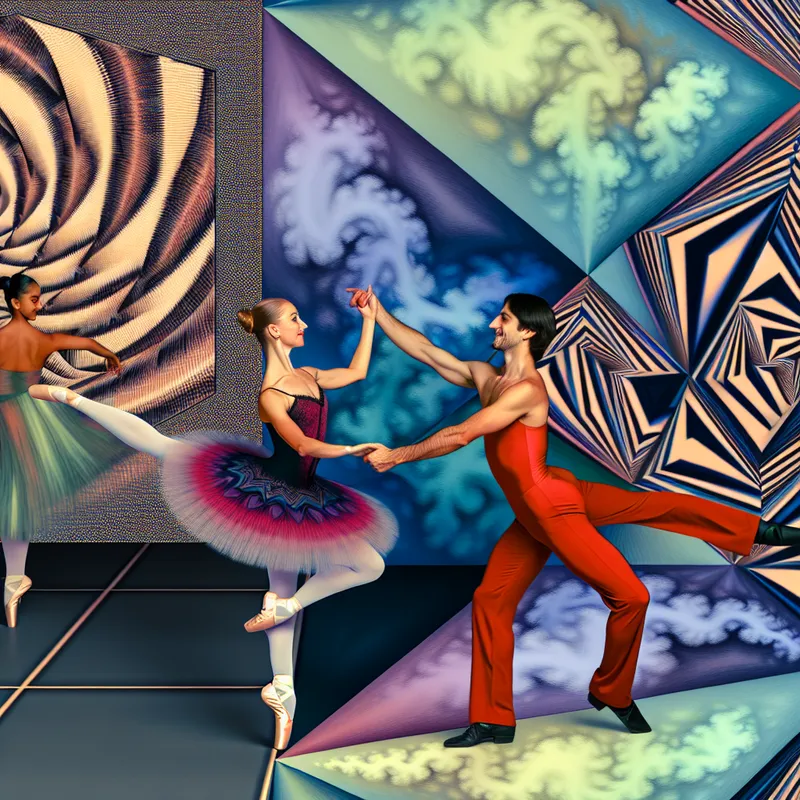 Surrealistische dansscene met ballet en salsa, waarbij een balletdanseres in tutu een arabesque uitvoert en een stel salsadansers de levendige bewegingen van hun dans uitdrukt.