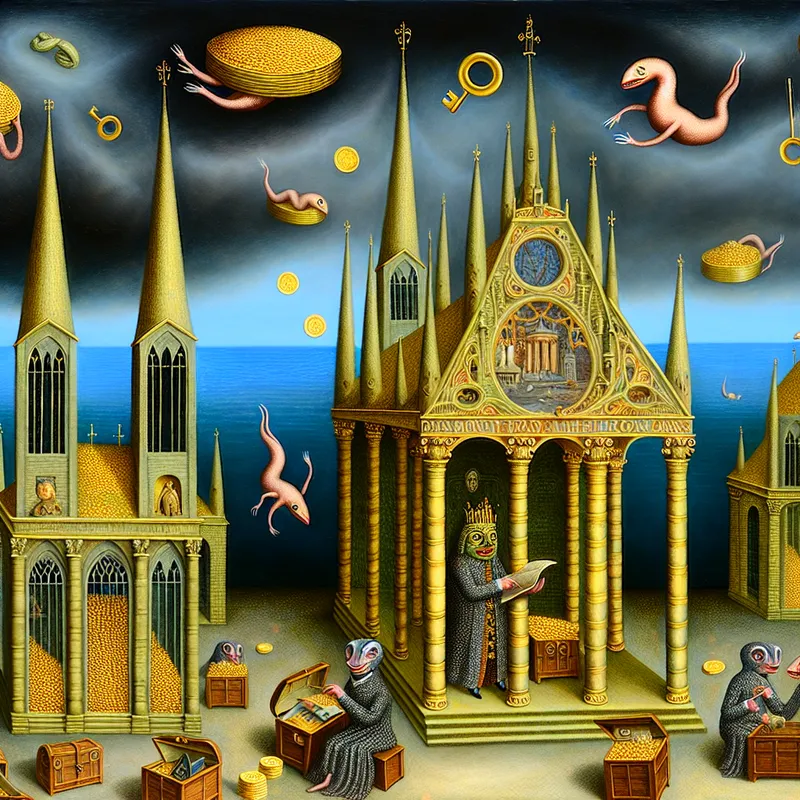 Surrealistische voorstelling van een financiële instelling in de stijl van Hieronymus Bosch, met hybride wezens die geldzaken beheren en lenen