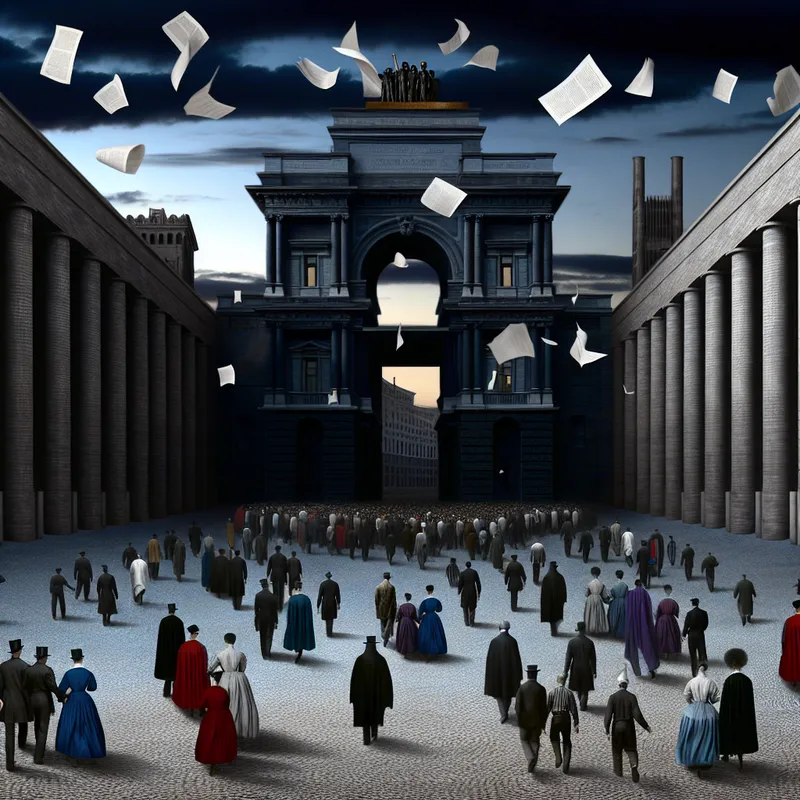 Een surrealistisch en hyper-realistisch beeld van een groep mensen die weglopen van een imposant gebouw, met vallende papieren als symbool voor het einde van een staking.