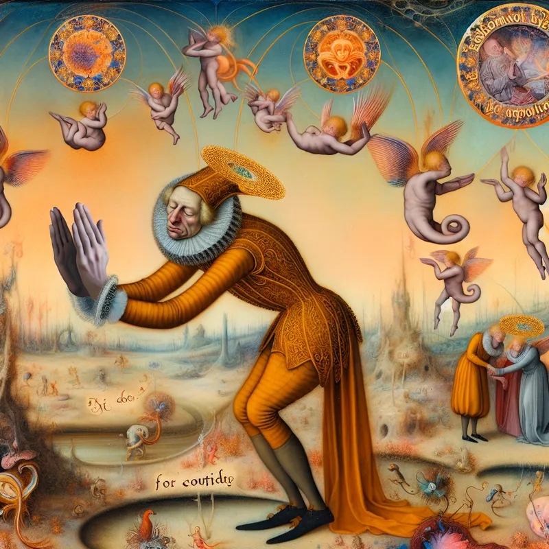 Surrealistisch schilderij in de stijl van Jheronimus Bosch met een overdreven beleefde buiging en wezens die 'bedankt' en 'excuses' tonen