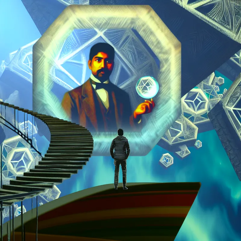 Surrealistische geometrische afbeelding van een man in formele kleding die een grote, gloeiende spreekbubbel met het woord 'Belofte' vasthoudt, omringd door onmogelijke trappen en reflecties.