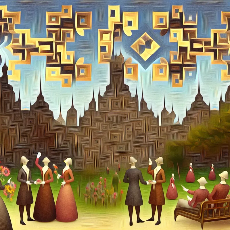 Surrealistische stadsscene met mensen die beleefdheid en respect tonen in een stijlvolle omgeving.