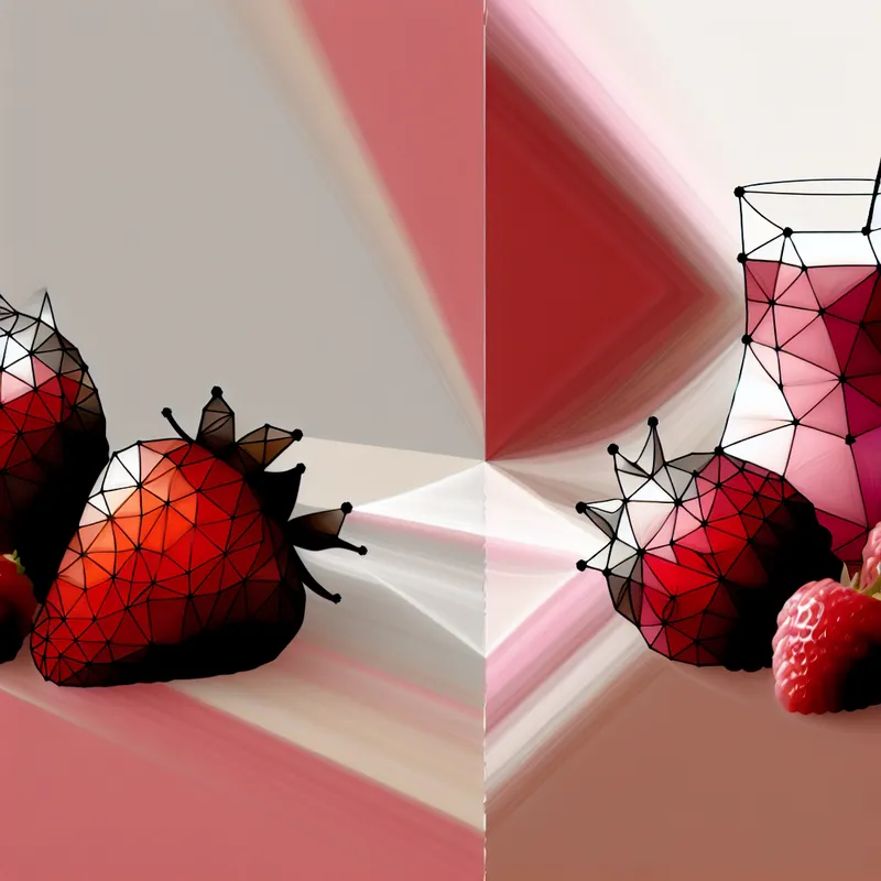 Surrealistische compositie van bessen zoals aardbeien en frambozen, gepresenteerd als geometrische vormen en patronen.