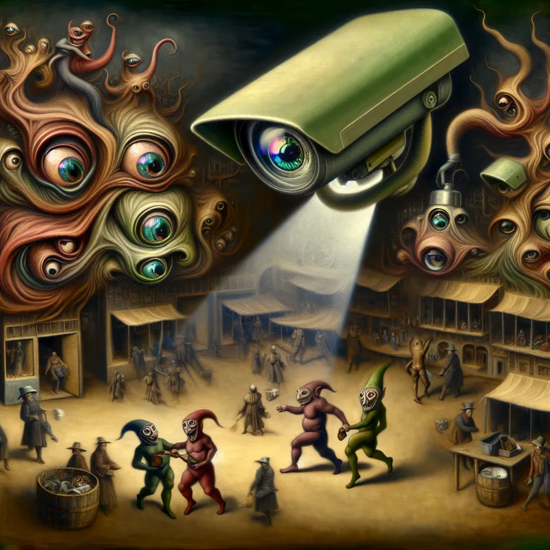 Surrealistisch schilderij in de stijl van Hieronymus Bosch van een middeleeuwse markt veranderd in een dystopische bewakingsmaatschappij, met demonen die reusachtige bewakingscamera's bedienen en een dief die wordt opgenomen door een monsterlijk oog