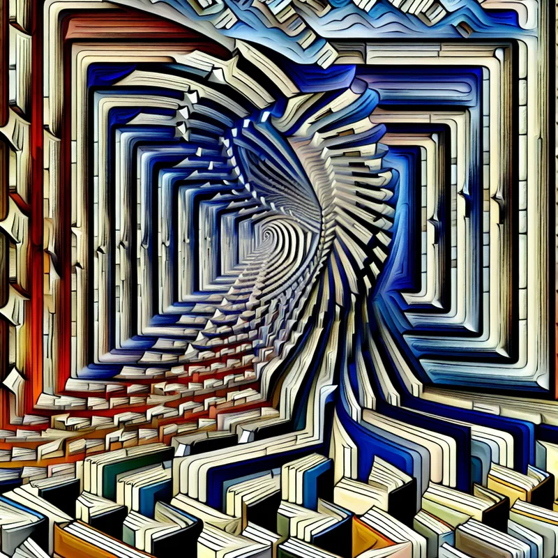 Surrealistische afbeelding van een bibliotheek in Escher-stijl, met boeken in geometrische patronen en een vortex van pagina's die kennis symboliseren.