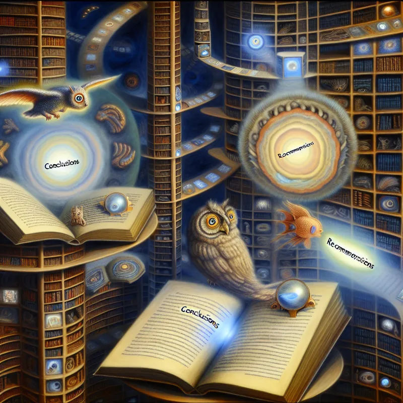 Een surrealistische bibliotheek met bizarre wezens, waaronder een uil op een boek genaamd 'Conclusies' en een zwemmende vis met een bril bij het boek 'Aanbevelingen'