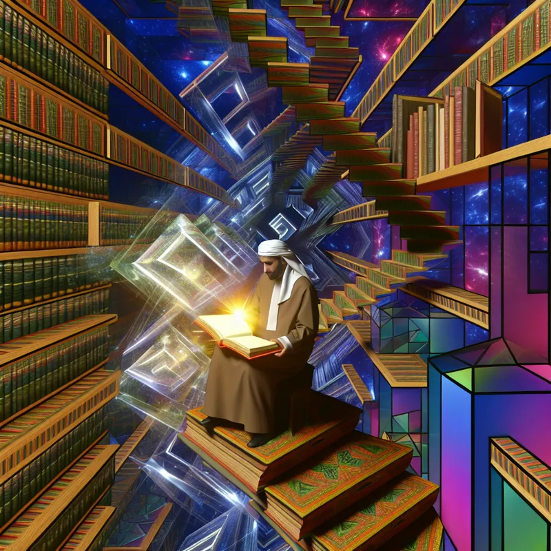 Een student zit in een surrealistische bibliotheek omringd door zwevende boekenplanken en draaiende trappen, verdiept in een stralend boek dat symboliseert dat hij het volledig heeft gelezen.