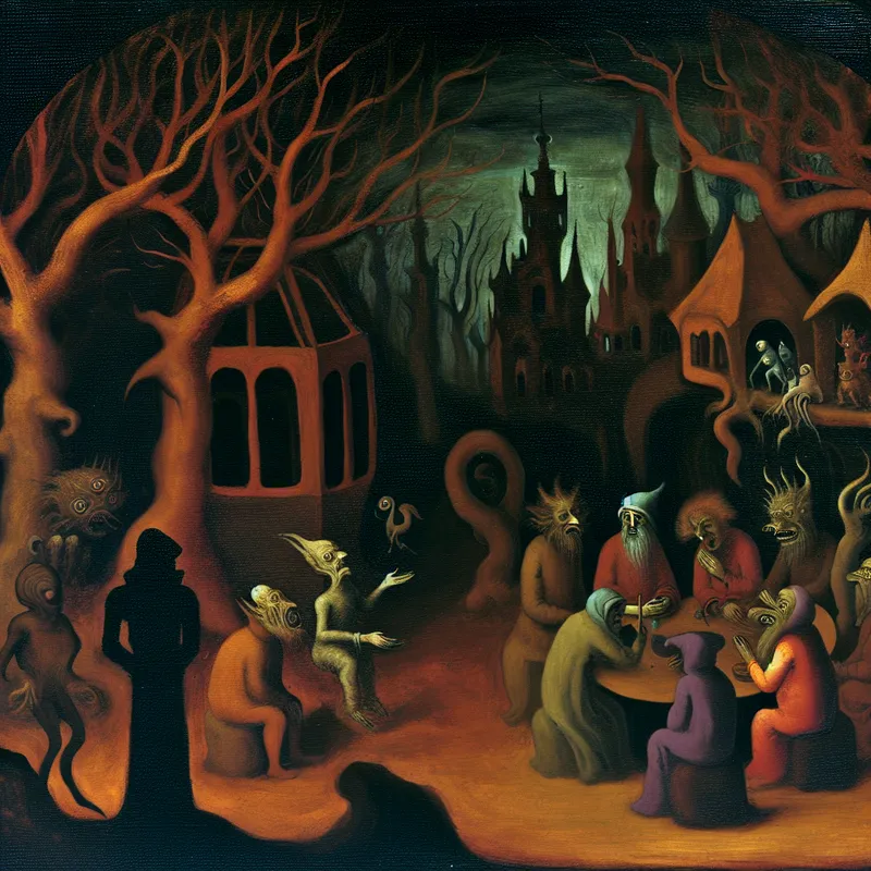 Een surrealistische afbeelding van een bizarre bijeenkomst met vreemde wezens in een duistere omgeving, met een schimmige derde partij die toekijkt.