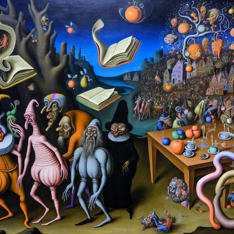 Surrealistische bijeenkomst met diverse wezens en zwevende boeken, geïnspireerd door Hieronymus Bosch, onder een donkere lucht.