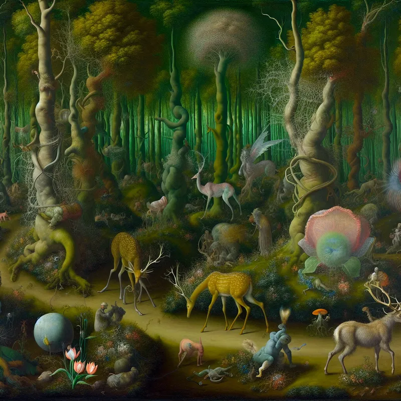 Een droomachtige weergave van een biodiverse, weelderige bosomgeving met fantasierijke dieren en enorme planten.