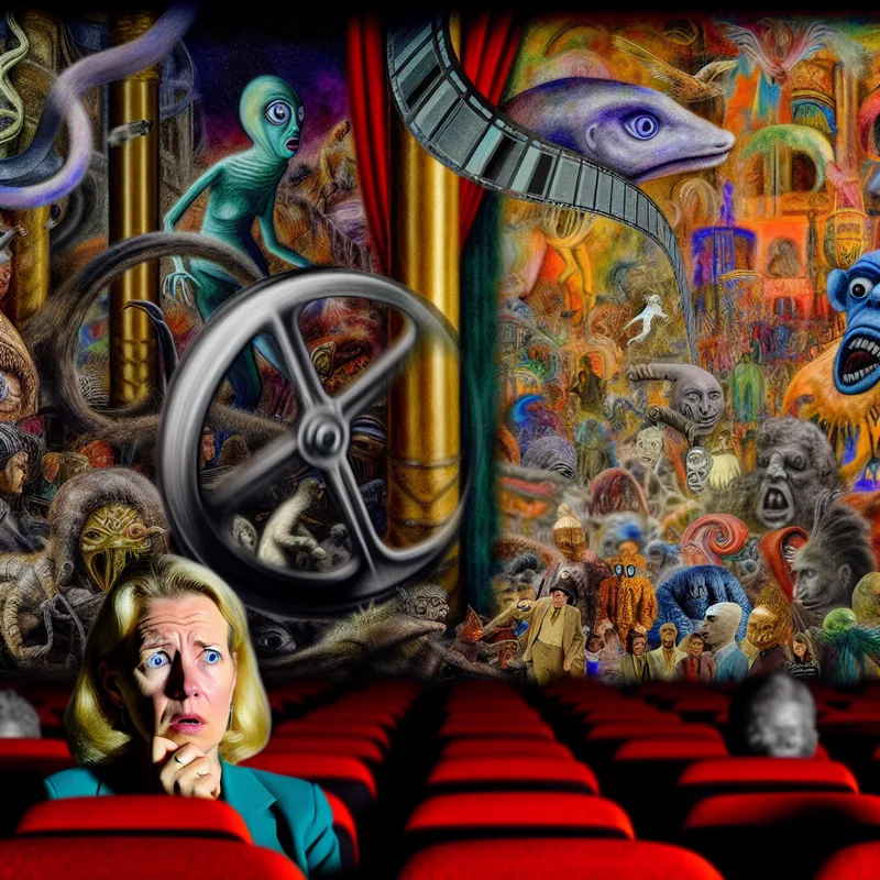 Een verontruste bioscoopbezoeker in een surrealistisch decor vol bizarre wezens en een chaotisch filmscherm.