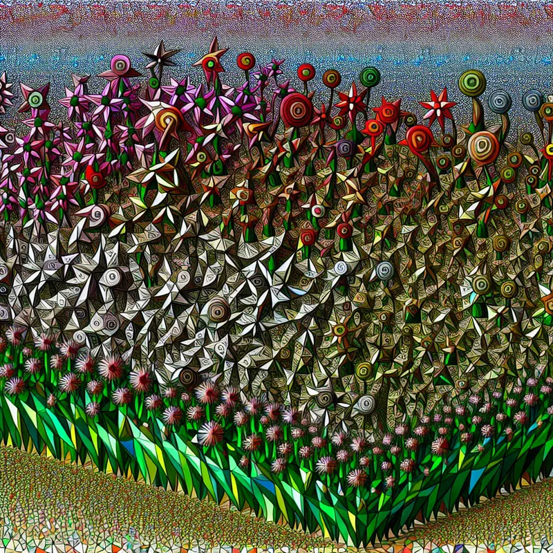 Surrealistische tuin met een dichte bos bloemen in geometrische stijl, gespeeld met perspectief en optische illusies.