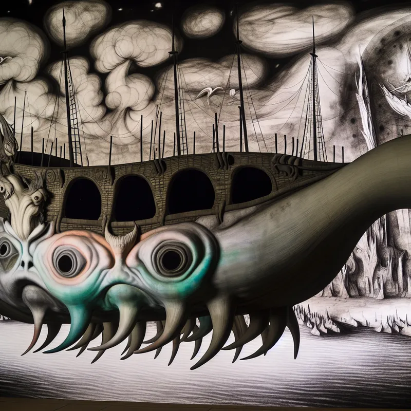 Surrealistisch kunstwerk van de boeg van een fantasievol schip met vreemde wezens