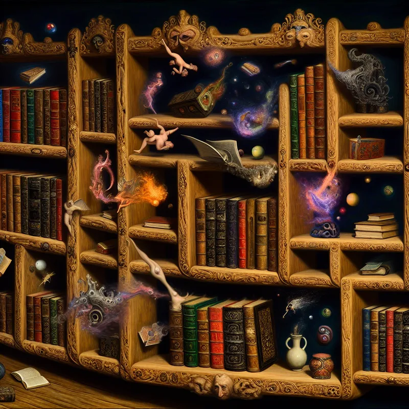 Een surrealistische afbeelding van een houten boekenkast vol kleurrijke en bizarre boeken in een fantasierijke omgeving.