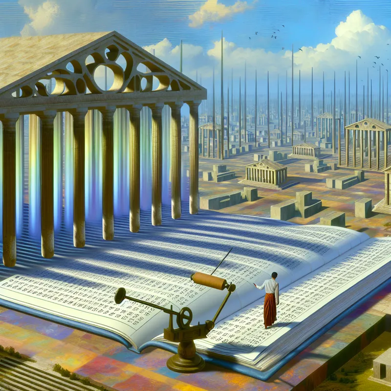 Surrealistisch hyper-realistisch beeld van een persoon die werkt aan een groot boekhoudkundig ledger, met een imposante architecturale structuur op de achtergrond.