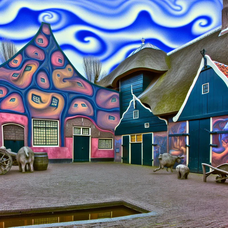 Surrealistische weergave van een boerderij met een binnenplaats en een grote schuur, omringd door buitenaardse wezens en een dromerige lucht.