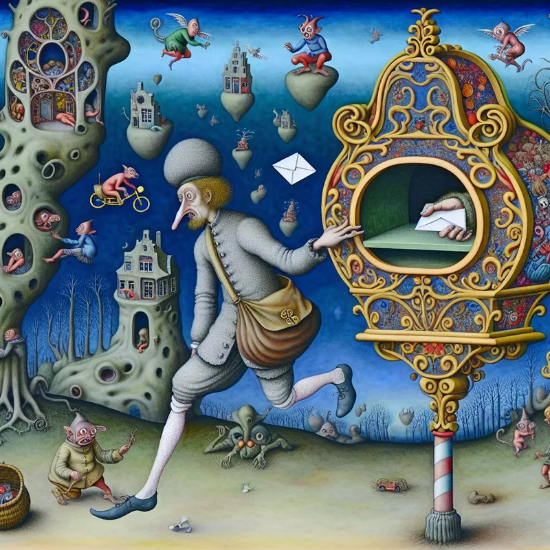 Surrealistische brievenbus in de stijl van Hieronymus Bosch met middeleeuwse persoon die een brief post en een vogelachtige postbode die wacht