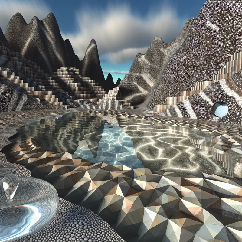 Surrealistisch berglandschap met optische illusie van opwaarts stromend water in kristalhelder bassin, geïnspireerd door M.C. Escher