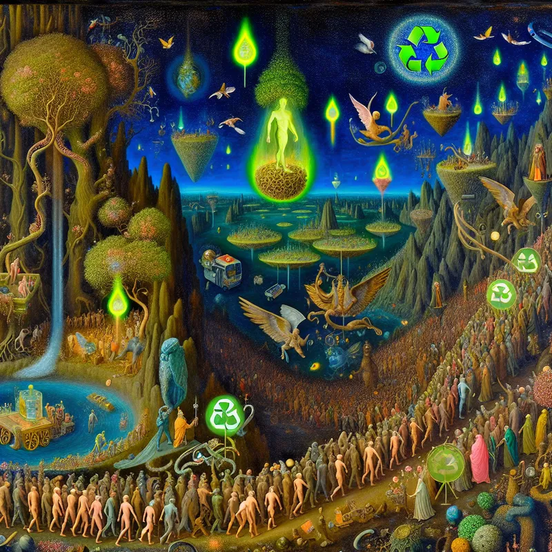 Surrealistisch tafereel in de stijl van Hieronymus Bosch dat een campagne voor milieubewustzijn beoogt, met symbolische figuren en natuurlijke elementen die een groen doel nastreven