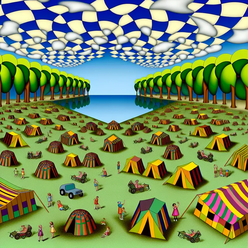 Surreële camping scene met opvallende tenten en caravans in de stijl van M.C. Escher, met geometrische patronen en een zee op de achtergrond.
