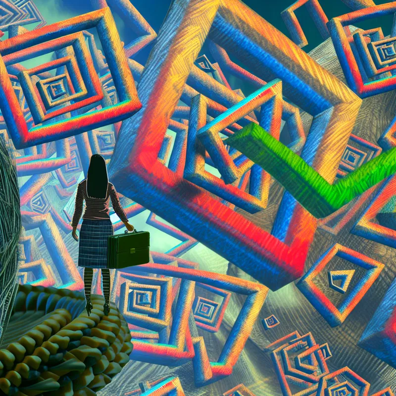 Surrealistische afbeelding van een persoon die een kleurrijke checklist bijwerkt in een imposante geometrische ruimte.