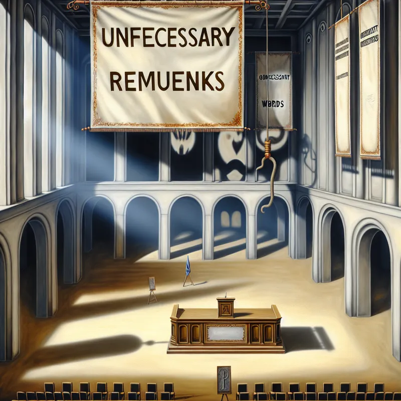 Een surrealistische afbeelding van een lege collegezaal met een banner 'Onnodige Opmerkingen', een elegant podium wordt uit elkaar gehaald.