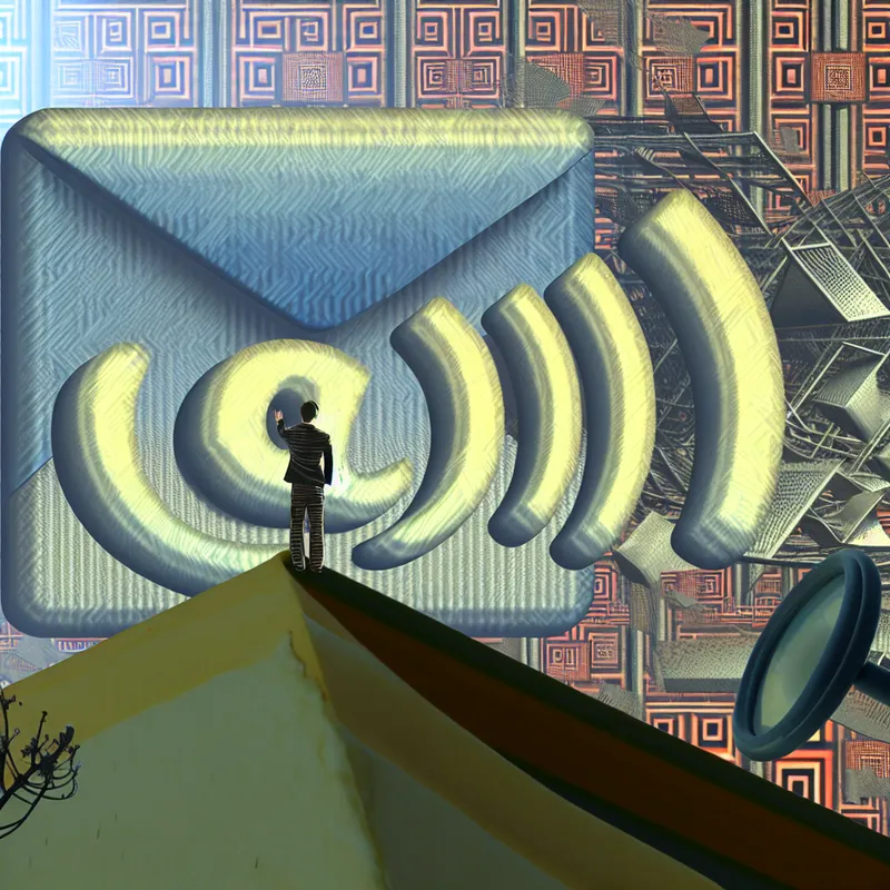 Persoon met een kritische uitdrukking die naar een grote e-mail icoon reikt, omgeven door geometrische patronen en optische illusies, geïnspireerd door M.C. Escher.