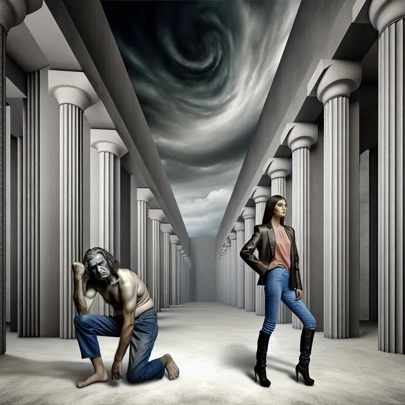 Surrealistisch tafereel van een competitie tussen twee figuren in een majestueuze maar strenge architecturale setting