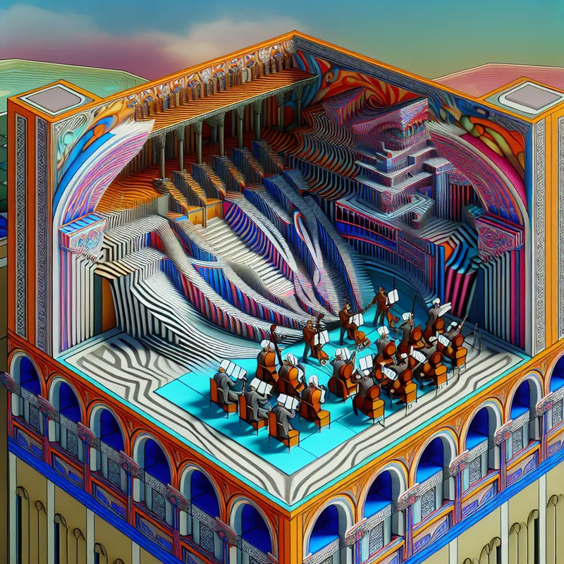 Surrealistisch en geometrisch geïnterpreteerde concertzaal met muzikanten en hun instrumenten in onmogelijke paden.