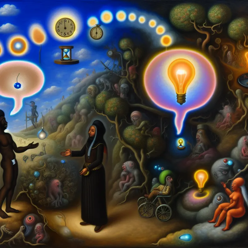 Surrealistisch tafereel in de stijl van Jheronimus Bosch met twee figuren die een gesprek voeren, waarbij een correctie in een gloeiende spraakbel wordt verduidelijkt met symbolen voor tijd en ziekte