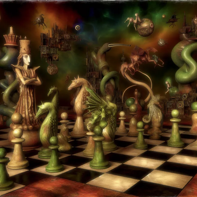 Surrealistisch schaakbord met een machtige dame als koningin in een droomachtige strijd, geïnspireerd op Hieronymus Bosch