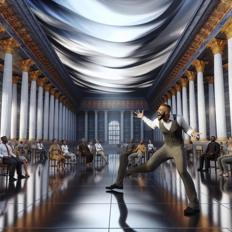 Man spreekt gepassioneerd in een imposante debatzaal met surrealistische architectuur