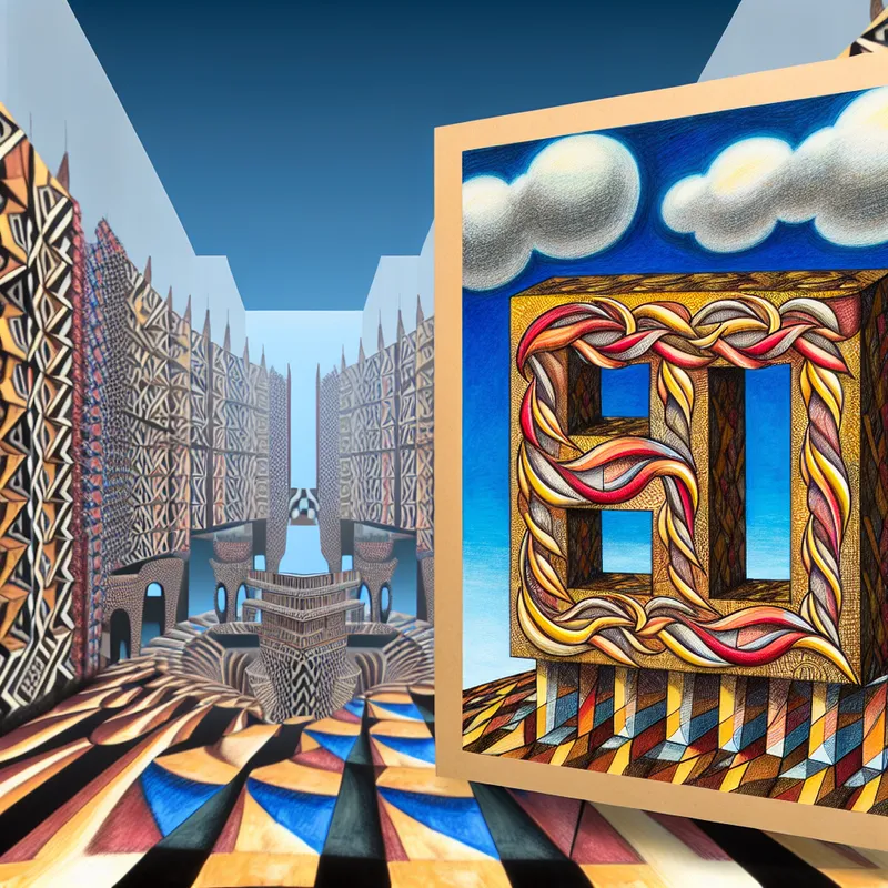 Een surrealistisch landschap met een grote, prachtig ontworpen kaart vol handgemaakte letters in een kleurrijke stijl, omringd door geometrische patronen en optische illusies.