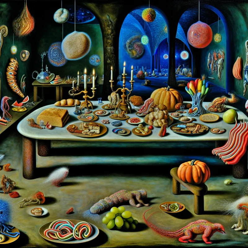 Surrealistische dinertafel in een andere wereld met bizarre glutenvrije gerechten.