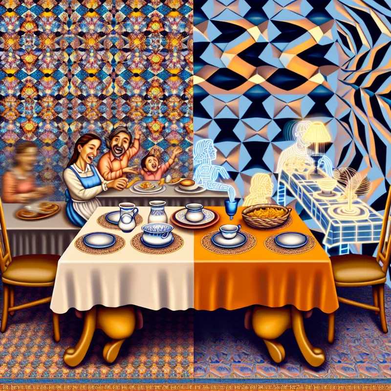 Een surrealistisch en geometrisch tafereel geïnspireerd door M.C. Escher, met een gedekt dinertafel waar een familie samen geniet van een maaltijd aan de ene kant en moderne gadgets aan de andere kant.