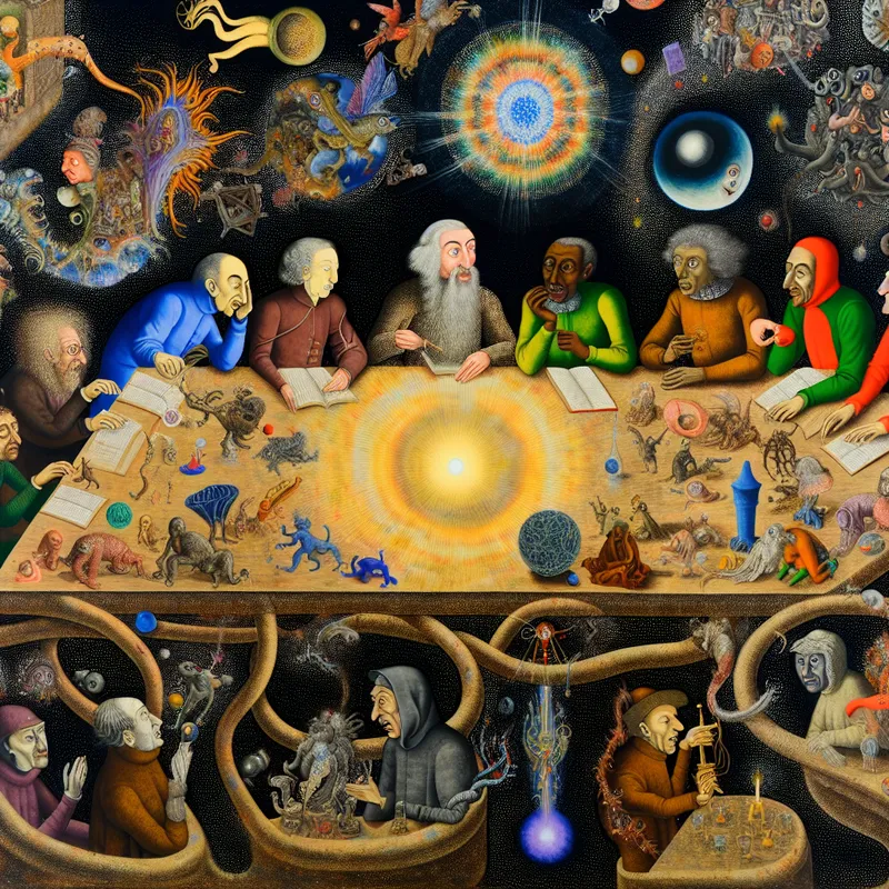 Diverse personages in een surrealistisch gesprek aan een lange tafel vol bizarre wezens en vreemde objecten, met een gloeiende orb die de conclusie symboliseert.