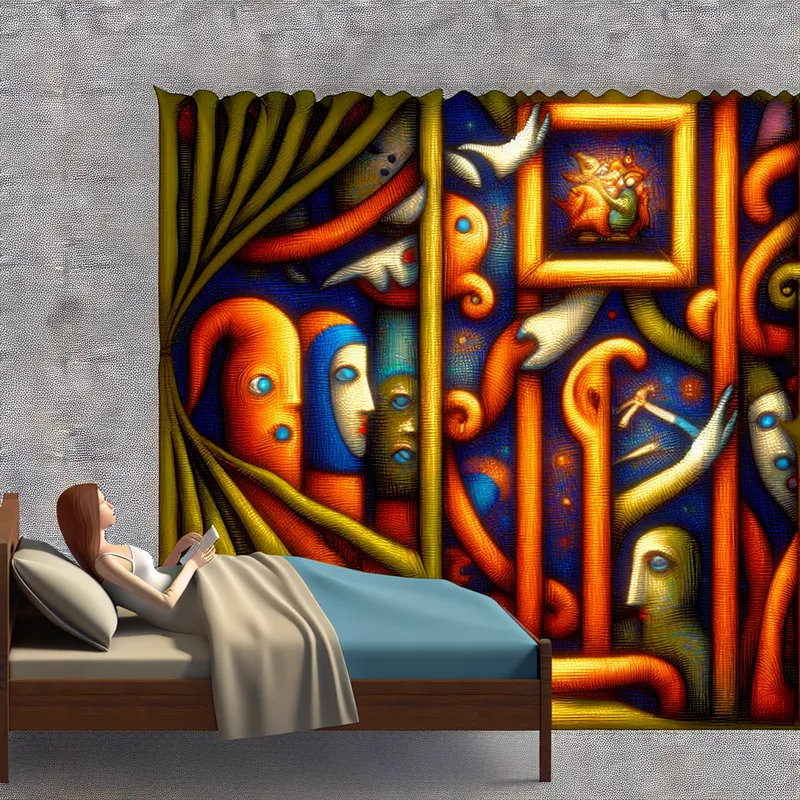 Een figuur slaapt vredig in een bed, omringd door bizarre wezens die door een intrikate gordijn gluren.